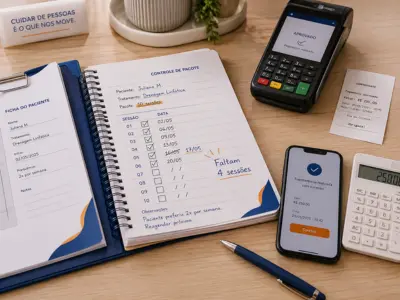 Enfermeira conferindo manualmente pagamentos e sessões restantes de um pacote.