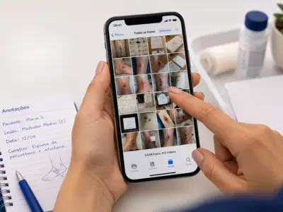 Enfermeira procurando fotografias clínicas entre várias imagens na galeria do celular.