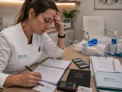 Enfermeira consultando agenda e prontuário em ferramentas diferentes antes do atendimento.
